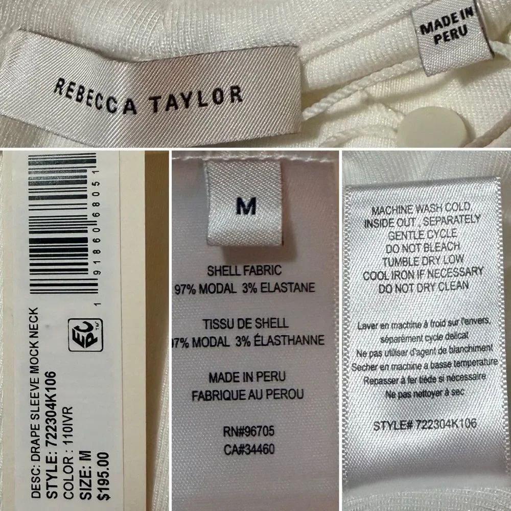 Rebecca Taylor Port Mutton-Sleeve Mock Neck Top White Cotton Blend Long Sleeve M - Picture 11 of 12